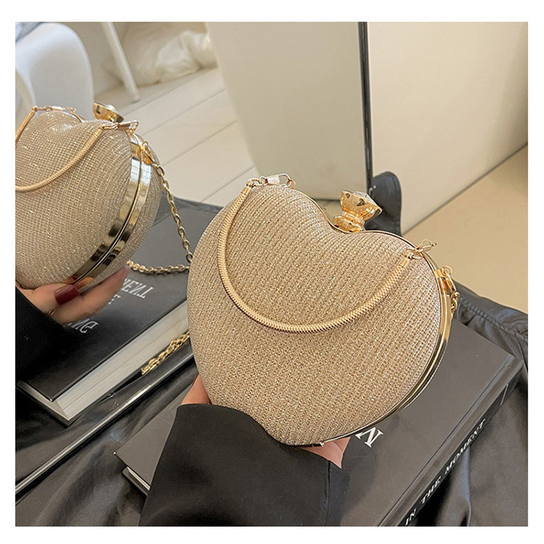 Ladies Fashion Shining Chain Crossbody Bag, Elegant Shoulder Heart Shaped, Metal Embellished, Black, with Buckle Closure, for Party, Wedding, Date